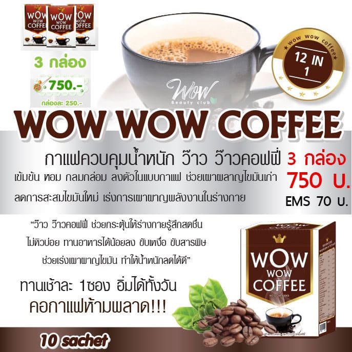 กาแฟควบคุมน้ำหนัก ว๊าวว๊าวคอฟฟี่ Wow Wow Coffee 3 กล่อง <div class="bold">ราคา 750 บาท + EMS 70 บาท</div>